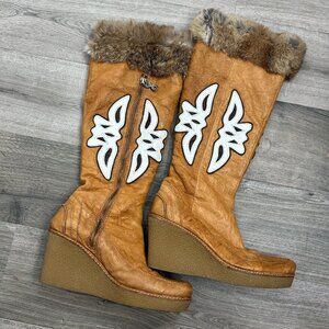 Modern Vintage  Camel Leather Tall Wedge Platform Boots  Fur Lined Trim Shoe 8